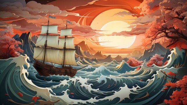A mesmerizing painting of a majestic ship sailing through the wild and fluid ocean, its intricate details captured in the artist's masterful drawing, evoking a sense of adventure
