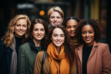 Half-length portrait of six cheerful young diverse multiethnic women outdoors. Female friends in outwear smiling at camera while posing together. Diversity, beauty, friendship concept.