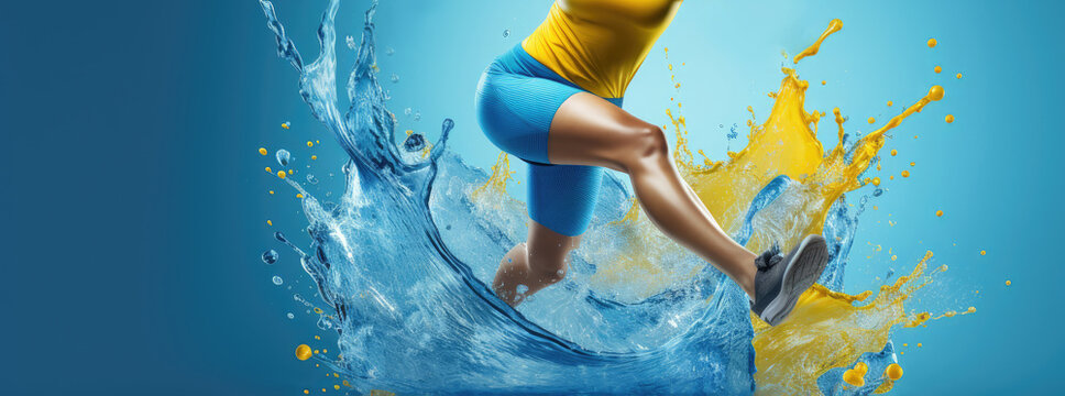 woman in blue and yellow clothes running