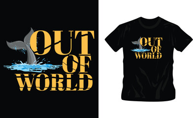 out of world broken text with whale jumping into water graphic t-shirt design