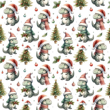 Watercolor seamless pattern with dinosaurs, Christmas trees and holiday decorations isolated on white background.