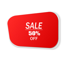 A distorted red price tag with a sale on a white background. A special offer or a discount label when buying. Retail paper sticker. Vector EPS 10.