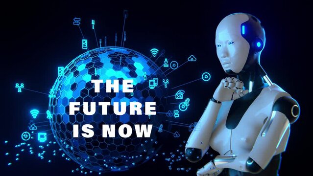 Robot observando el mundo intercomunicado, con mirada dominante, moviendo sus brazos, la IA está presente en todo. Texto The future is now con pulsaciones.