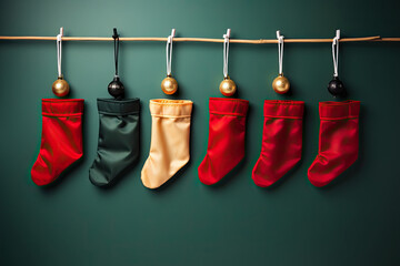 christmas stockings hanging on green wall