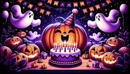 Сolorful cartoon illustration of a joyful pumpkin wearing a party hat and blowing out candles on a festive cake, perfect for halloween celebration themes