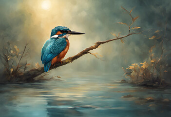 A Kingfisher is sitting on a branch at a pond