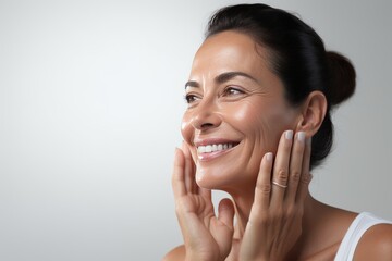 Close-up of middle-aged Caucasian woman touching her face to apply moisturizer. Smiling face of adult brunette lady with daily cream, facial cosmetics. Skin care. Grey background, copy space. - obrazy, fototapety, plakaty