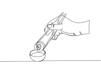 Sushi set, Sushi roll with soy sauce and chopsticks in hand one line art. Continuous line drawing of sushi, japanese, food, roll, culture, tasty, restaurant, japan, asian, sea, menu