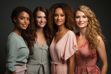 Obraz premium Half-length portrait of four cheerful young diverse multiethnic women. Female friends smiling at camera while posing together. Diversity, beauty, friendship concept. Isolated over grey background.
