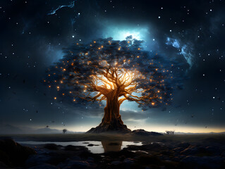 Fantasy landscape with a big tree in the form of a lightning bolt - obrazy, fototapety, plakaty