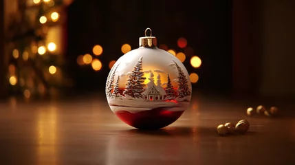 Foto auf Alu-Dibond Eine Weihnachtsbaumkugel, rot, gold, silber mit Wald und Hütten-Motiv, dekorativ präsentiert © Thomas