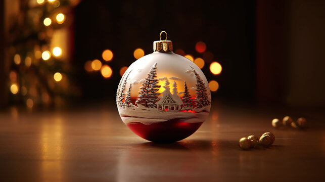 Eine Weihnachtsbaumkugel, rot, gold, silber mit Wald und Hütten-Motiv, dekorativ präsentiert