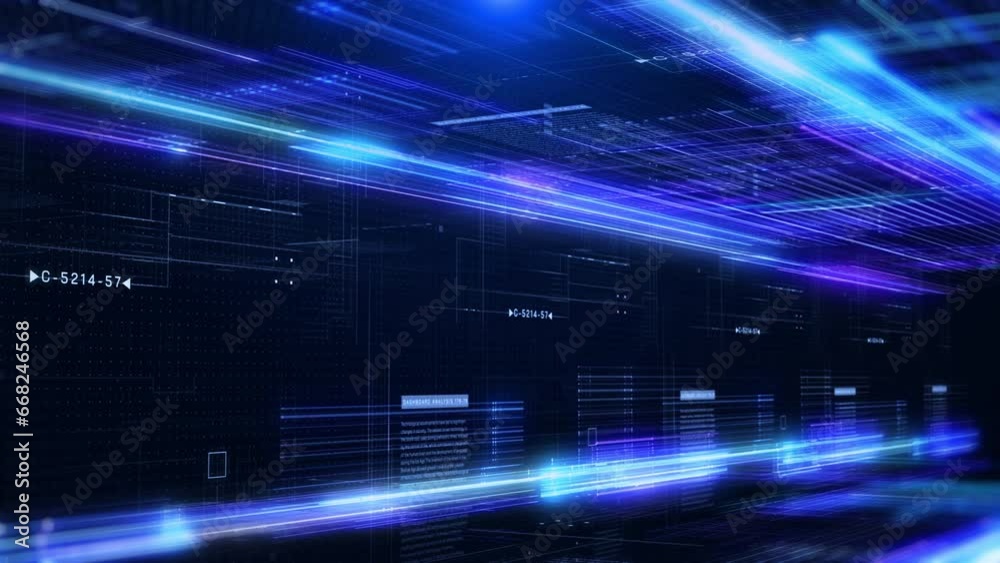 Aufkleber Technology digital grid line hologram big data vertical landscape view concept. HUD UI system hologram, ai construction 4K motion background