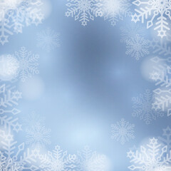 Winter snow background with snowflakes and sparks. Snowfall on a blue background. Christmas background. Falling snow. Vector illustration.