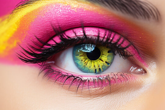 The close up detail of a woman&rsquo;s hazel  green fleek  blue fleek eye with shocking pink and yellow eyeshadow and black long lashes, Generative AI.