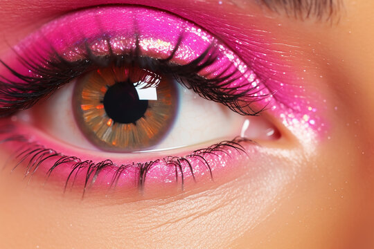 The close up detail of a woman&rsquo;s hazel  green fleek  blue fleek eye with shocking pink and yellow eyeshadow and black long lashes, Generative AI.