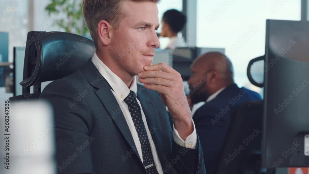 Aufkleber Thinking, business man and computer with investment employee working on a computer with accounting data. Businessman, idea and digital trading planning of a worker reading accountant web information