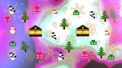 Fototapeta premium Raster cartoon drawing of Christmas suburban houses with making a snowman. Raster illustration. Illustration on violet, neutral and white colors.