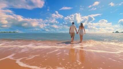 Fototapeta na wymiar Seaside Serenity: A Romantic Moment with a Couple Barefoot on the Beach