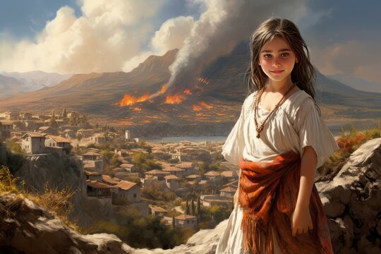 Cataclysmic Ancient greek volcano eruption village disaster. Child girl greek. Generate Ai