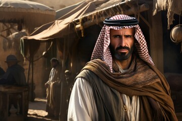 Barefoot Old arab village man walking. Home ancient. Generate Ai - obrazy, fototapety, plakaty