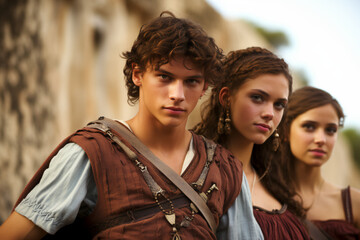 Photo of three teenagers in Ancient Rome, wearing ancient Roman clothes, summer