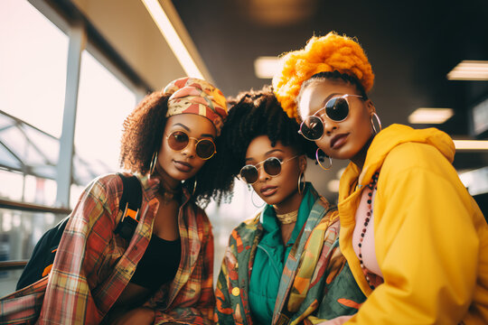 Photo of three black teenage girls, wearing trendy clothes, at an airport terminal, summer