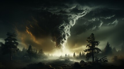 Fototapeta premium Tornado over a field and a city. Dangerous weather with strong winds.