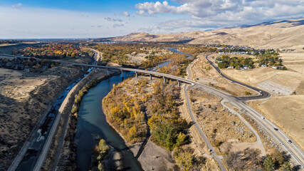 Aerial view of the Boise River in the fall