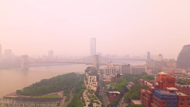 View of Brooklyn and Manhattan Bridge Completely Consumed in Wildfire Smoke