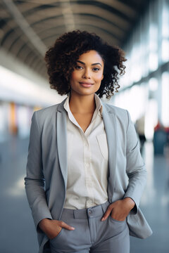 Photo of an attractive black women in their 40s, with short hair, wearing a shirt, at an airport terminal, summer