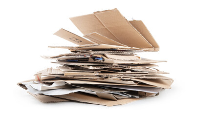 Pile of cardboard packaging. Cardboard recovered from old shipping boxes, paper material ready for recycling, isolated on white background, close-up..