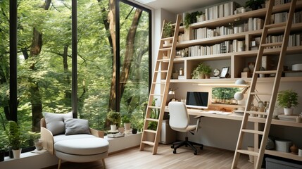 A minimal home office with view from window, wall-mounted desk, modern chair and a bookcase - obrazy, fototapety, plakaty