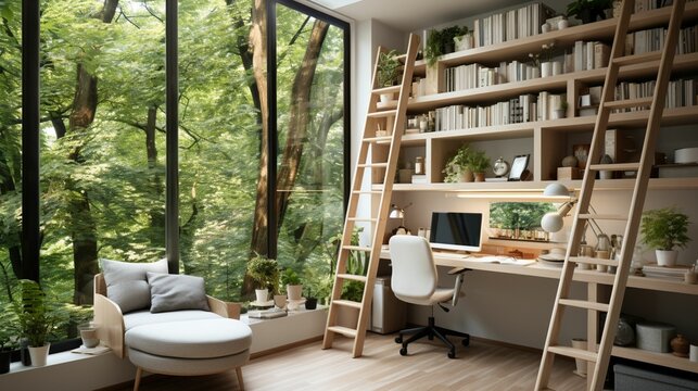 Fototapeta A minimal home office with view from window, wall-mounted desk, modern chair and a bookcase