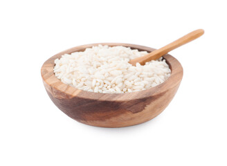 Raw rice in wooden bowl isolated on white