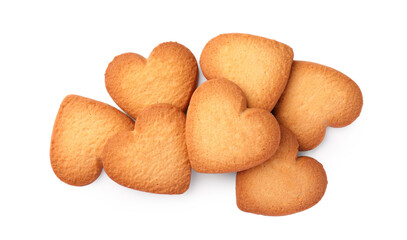 Tasty heart shaped Danish butter cookies isolated on white, top view
