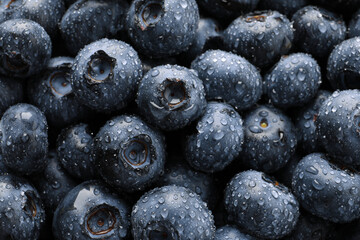Wet fresh blueberries as background, top view