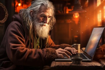 Engaging Computer old man blogger colorful. News work. Generate Ai