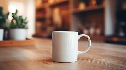 hot drink coffee in white ceramic mug on wooden counter top with interior kitchen design blur...