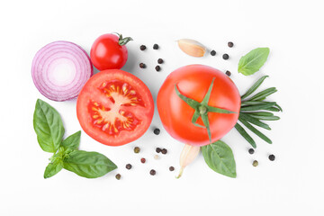 Flat lay composition with different whole and cut tomatoes on white background
