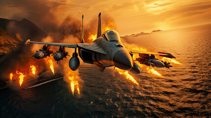 Launching missiles from fighter jet over dark sky - obrazy, fototapety, plakaty