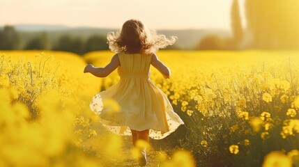 cute little girl in a yellow dress running in a meadow with yellow flowers with a blue sunrise sky in high resolution - obrazy, fototapety, plakaty
