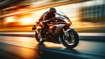 Obraz na płótnie Canvas Sports motorcycle biker rider on blurred motion highway