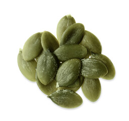 Pile of peeled pumpkin seeds isolated on white, top view