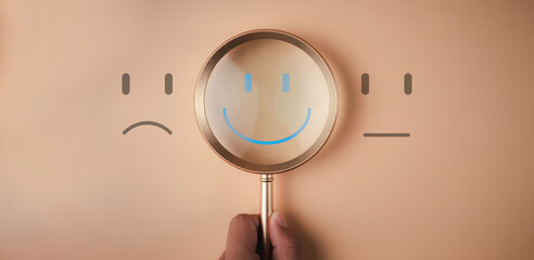 Smile face emotion happy inside magnifier glass show satisfaction happiness, excellent concept. And sad and normal mood oxytocin rating best feeling assessment. - obrazy, fototapety, plakaty