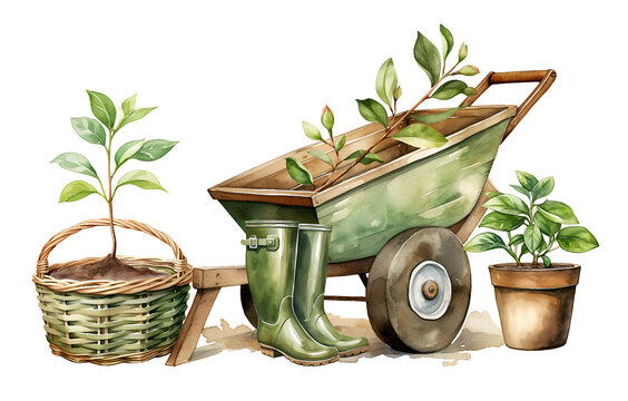 watercolor garden scene: wheelbarrow, plants, boots clip art preview