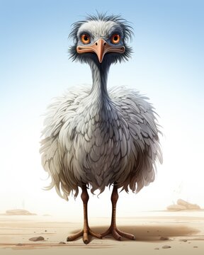  an ostrich standing in the sand with a blue sky in the background.  generative ai