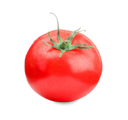 One red ripe tomato with water drops isolated on white