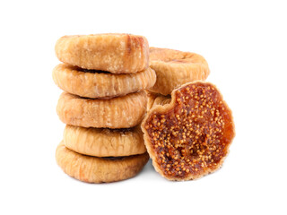 Many tasty dried figs isolated on white