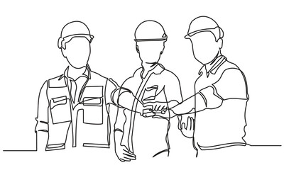 continuous line drawing of Engineer team to join hands together, accept agree cooperation and success concept.